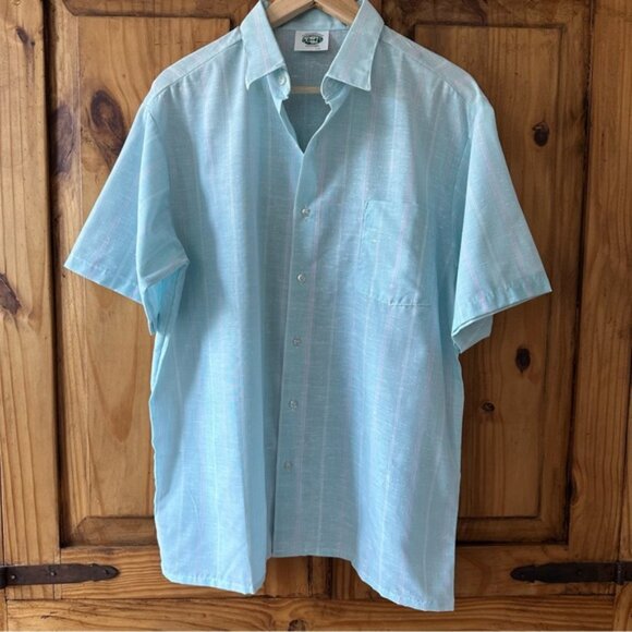 Vintage 80’s Men’s Light Blue Pinstripe Short Sleeve Shirt Button Down - Large - Picture 14 of 15